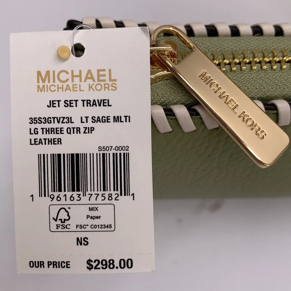 MICHAEL KORS JET SET TRAVEL LARGE THREE QUARTER ZIP WALLET LIGHT SAGE MULTI